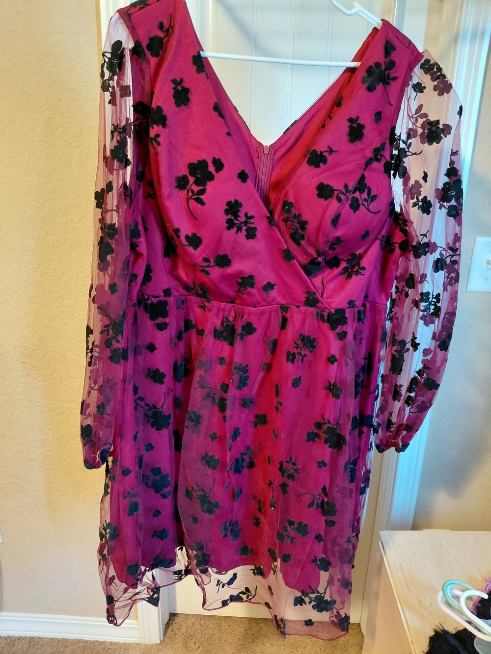 SHEIN Burgundy Mini Dress with Black Floral Velvet Appliqué